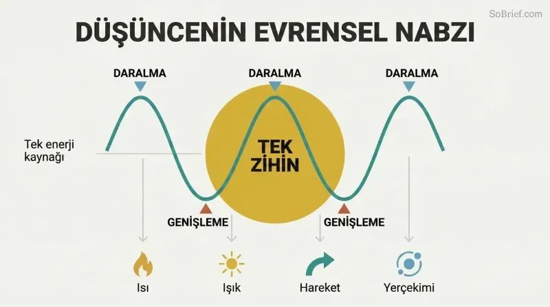 Central radiant circle representing Thinking Mind emits a sine wave oscillating between contraction peaks and expansion troughs, with icons for heat, light, motion, and gravitation branching outward as generated outputs.