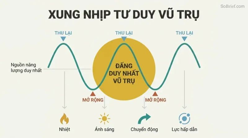 Central radiant circle representing Thinking Mind emits a sine wave oscillating between contraction peaks and expansion troughs, with icons for heat, light, motion, and gravitation branching outward as generated outputs.
