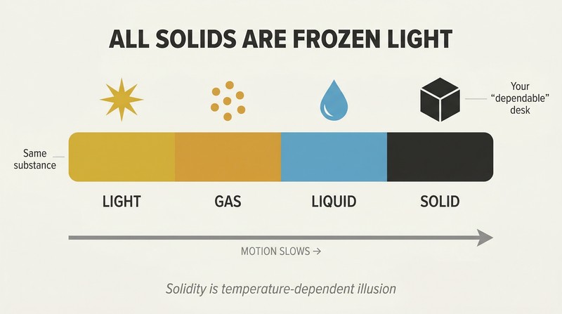 Horizontal spectrum showing light transforming through gas, liquid, and solid states as motion progressively slows, revealing solidity as crystallized energy.