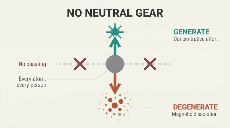 Vertical fork showing a central circle with only two paths — upward toward generation or downward toward degeneration — with a crossed-out horizontal "coast" arrow emphasizing there is no third option.