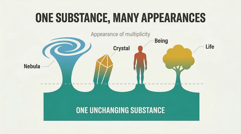 Cross-section diagram showing diverse forms — a nebula, crystal, human, and tree — rising from and merging into one continuous unified substance below a dividing line.