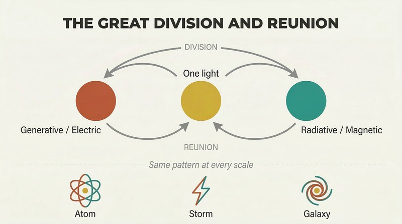 Cycle diagram showing one unified light source dividing into two opposing poles and reuniting, with atom, lightning, and galaxy icons showing the pattern repeats at every scale.