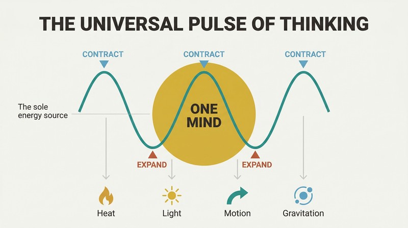 Central radiant circle representing Thinking Mind emits a sine wave oscillating between contraction peaks and expansion troughs, with icons for heat, light, motion, and gravitation branching outward as generated outputs.