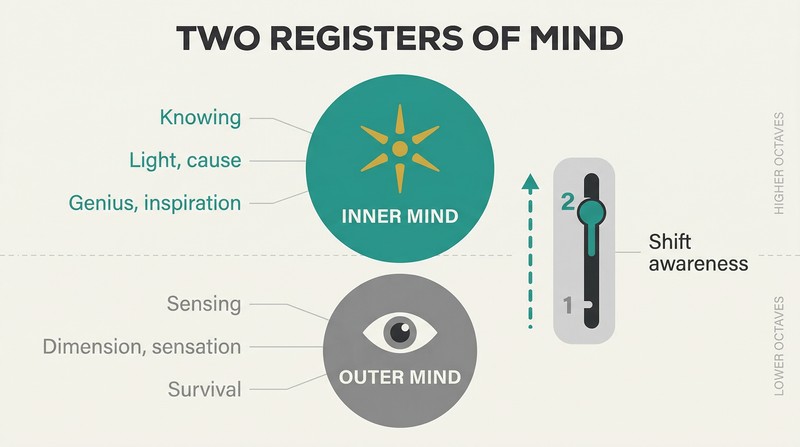 Vertical two-zone diagram with a gear shift lever showing the outer sensing mind in the lower register and the inner knowing Mind in the higher register.