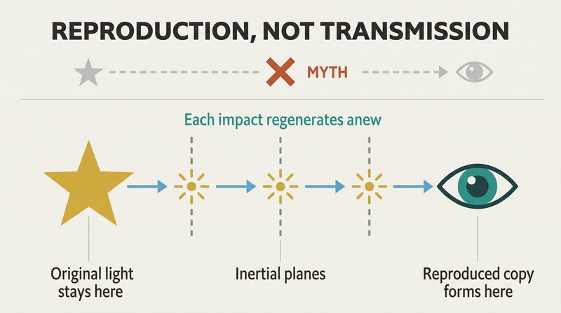 Split diagram contrasting a crossed-out continuous light beam with a chain of discrete reproduction events at inertial planes between a star and an observer's eye.