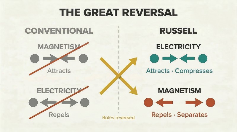 Split panel comparing conventional and Russell's views, showing electricity and magnetism swapping their attract and repel roles with crossing arrows at the divider.