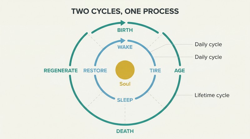 Two concentric circular loops showing the daily sleep-wake cycle inside the larger death-rebirth cycle, with a persistent soul at the shared center.