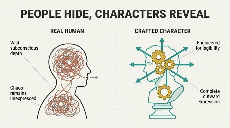 Split-panel comparison of a real person's chaotic, hidden subconscious versus a character's engineered, transparent, and fully expressed core.