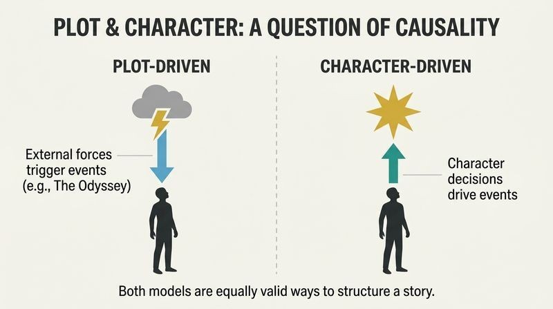Split panel comparison showing that plot-driven stories originate from external forces pushing inward on a character, while character-driven stories originate from internal choices pushing outward.