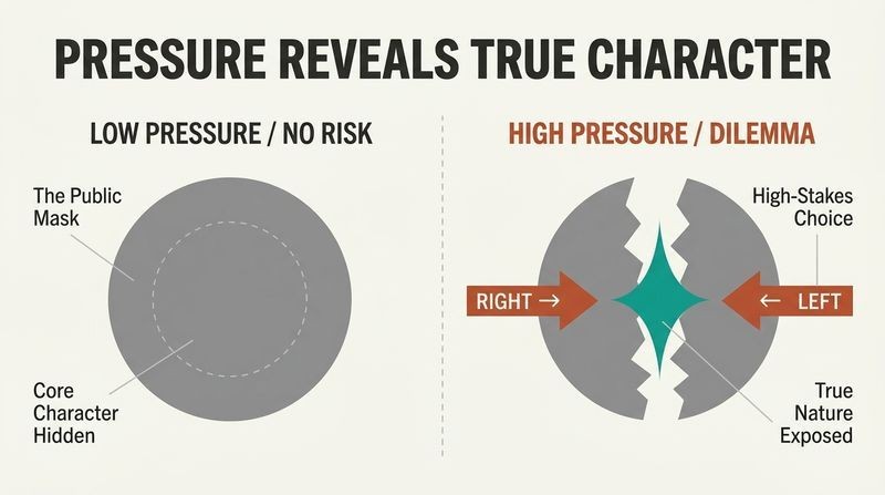 Split-panel diagram showing how low pressure leaves a character's public mask intact, while the high pressure of a difficult choice cracks open the mask to reveal their true inner nature.