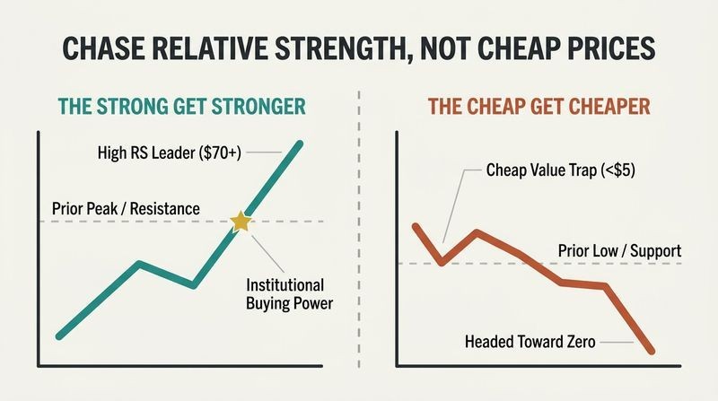 Split panel diagram comparing a high-priced relative strength stock breaking out to new highs against a cheap, low-priced stock breaking down to zero.
