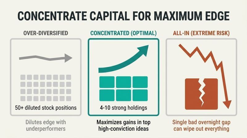 Three-panel comparison showing how over-diversified portfolios dilute returns, optimal concentrated portfolios maximize growth, and all-in single positions risk total ruin.