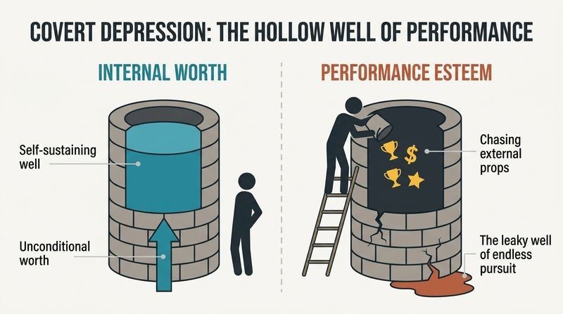 A split-panel comparison diagram contrasting healthy self-esteem as a self-sustaining water well with performance-based self-esteem as a cracked, leaking well fueled by external props.