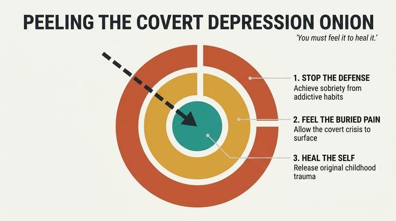 A concentric ring diagram showing the three nested layers of male depression recovery: stopping the defense, feeling the buried pain, and healing childhood trauma.