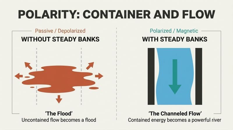 Side-by-side comparison of chaotic water flooding without banks versus a powerful, directed river channeled by strong, steady banks.