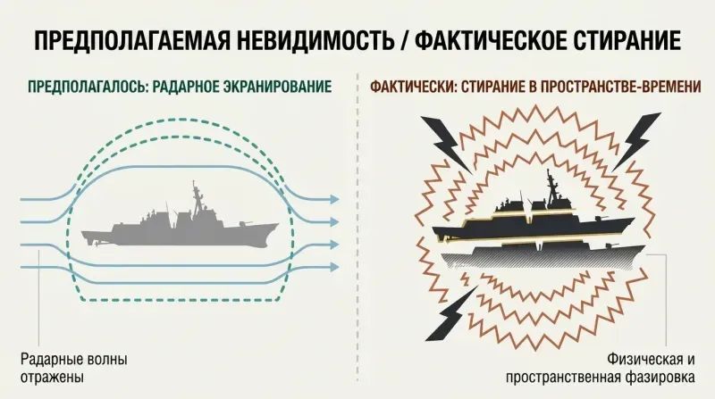 Split-panel diagram contrasting the intended radar shielding of a destroyer ship with its actual space-time erasure.