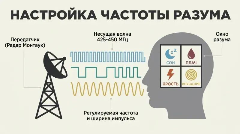 Vector diagram showing a radar transmitter emitting adjusted radio waves that penetrate a human head silhouette, opening a window of four emotional states.