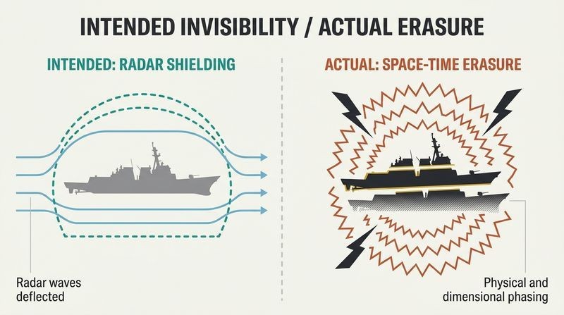 Split-panel diagram contrasting the intended radar shielding of a destroyer ship with its actual space-time erasure.