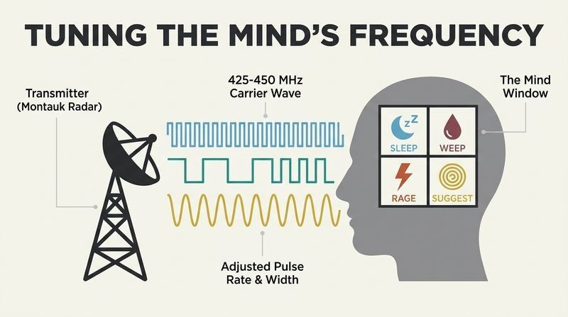 Vector diagram showing a radar transmitter emitting adjusted radio waves that penetrate a human head silhouette, opening a window of four emotional states.