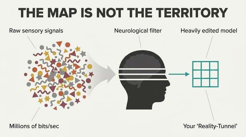 A transformation flow diagram showing a massive chaotic cloud of raw sensory data funneling into a human head silhouette and emerging as a highly simplified, neat teal grid map.