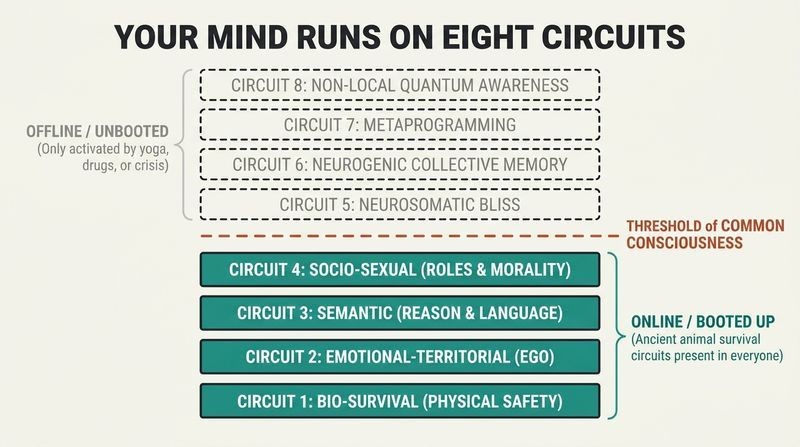 A vertical stack of eight horizontal bars representing the eight circuits of consciousness, showing the bottom four active in teal and the top four inactive in dashed gray.