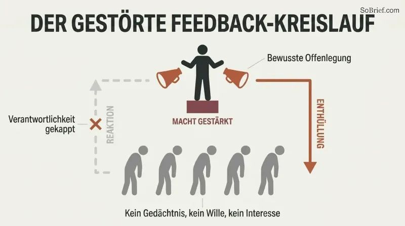 Circular diagram showing power broadcasting secrets downward to a passive crowd, with the upward return arrow for public response visibly broken and severed.
