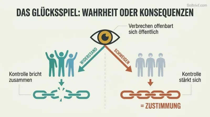 Fork diagram showing a revealed crime splitting into two paths — public opposition collapses control, while public silence strengthens it.