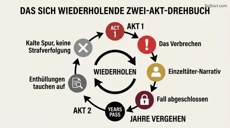 Circular diagram showing a repeating cycle where a crime is immediately closed with a lone-nut narrative, revelations surface years later onto a cold trail, and the script resets.