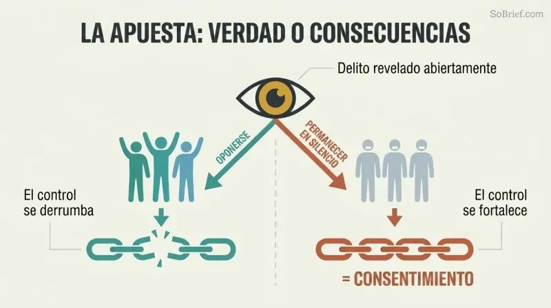 Fork diagram showing a revealed crime splitting into two paths — public opposition collapses control, while public silence strengthens it.