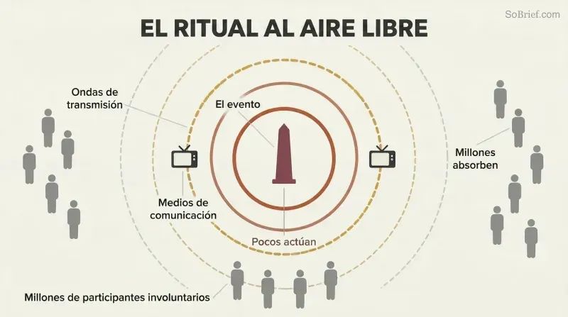 Concentric ripple rings emanate from a central obelisk-like event marker outward through broadcast waves to rows of silhouette figures standing as unwitting participants at the perimeter.