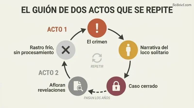 Circular diagram showing a repeating cycle where a crime is immediately closed with a lone-nut narrative, revelations surface years later onto a cold trail, and the script resets.