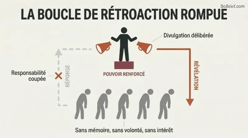 Circular diagram showing power broadcasting secrets downward to a passive crowd, with the upward return arrow for public response visibly broken and severed.