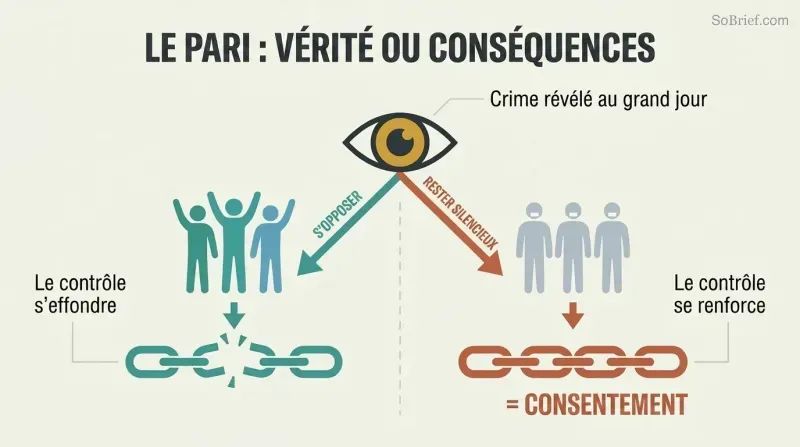 Fork diagram showing a revealed crime splitting into two paths — public opposition collapses control, while public silence strengthens it.