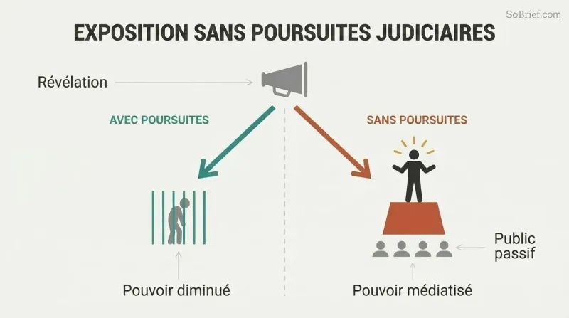 Fork diagram showing exposure diverging into two paths: with prosecution the criminal shrinks, without prosecution the criminal is elevated on a stage before an audience.