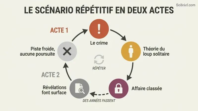 Circular diagram showing a repeating cycle where a crime is immediately closed with a lone-nut narrative, revelations surface years later onto a cold trail, and the script resets.