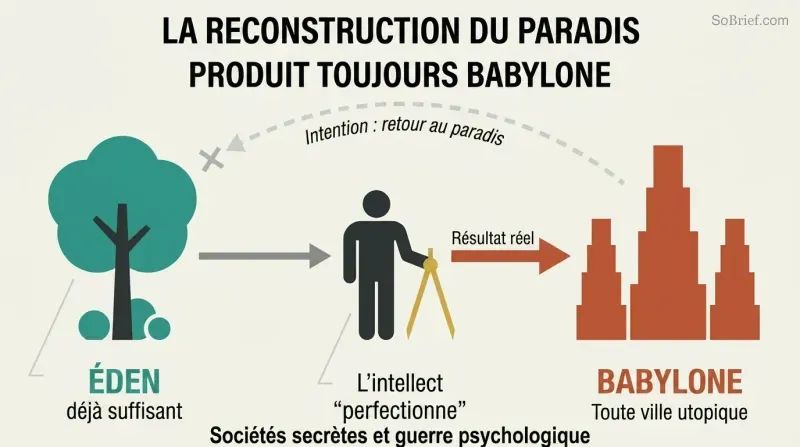 Three-stage horizontal flow showing Eden as sufficient origin, human intellect as the transforming mechanism, and Babylon as the ironic result of attempting to perfect nature.