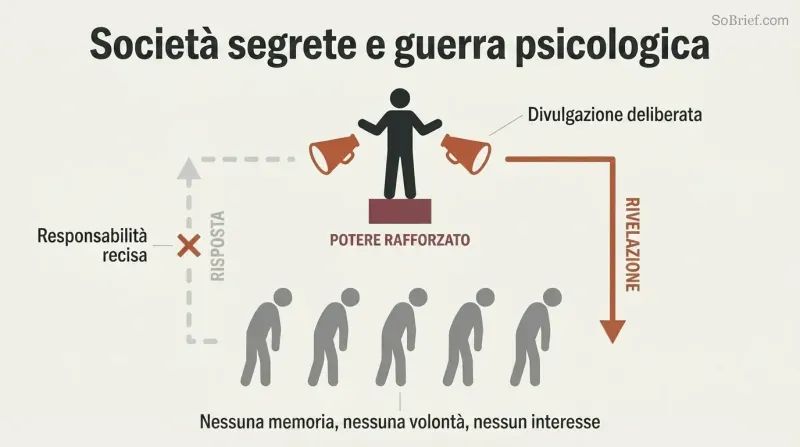 Circular diagram showing power broadcasting secrets downward to a passive crowd, with the upward return arrow for public response visibly broken and severed.