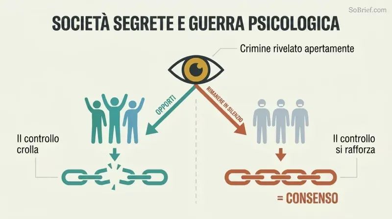 Fork diagram showing a revealed crime splitting into two paths — public opposition collapses control, while public silence strengthens it.