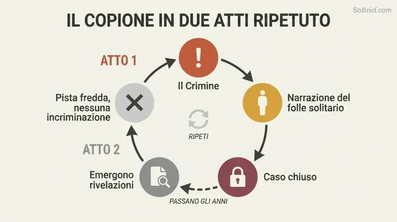 Circular diagram showing a repeating cycle where a crime is immediately closed with a lone-nut narrative, revelations surface years later onto a cold trail, and the script resets.