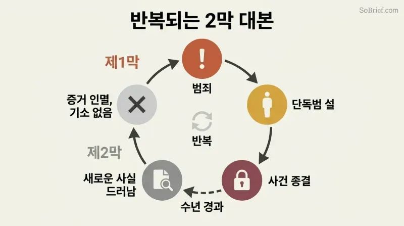 Circular diagram showing a repeating cycle where a crime is immediately closed with a lone-nut narrative, revelations surface years later onto a cold trail, and the script resets.