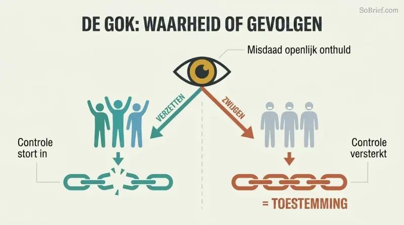 Fork diagram showing a revealed crime splitting into two paths — public opposition collapses control, while public silence strengthens it.