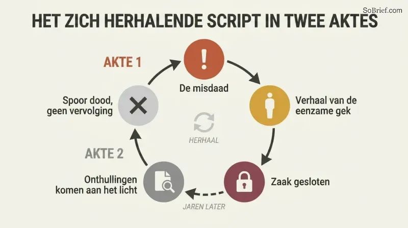 Circular diagram showing a repeating cycle where a crime is immediately closed with a lone-nut narrative, revelations surface years later onto a cold trail, and the script resets.