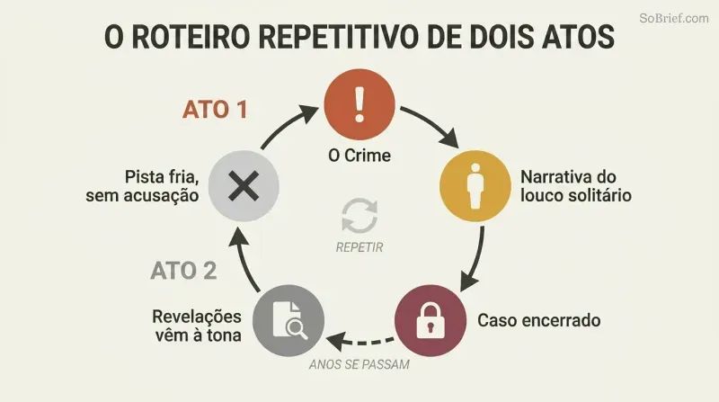 Circular diagram showing a repeating cycle where a crime is immediately closed with a lone-nut narrative, revelations surface years later onto a cold trail, and the script resets.