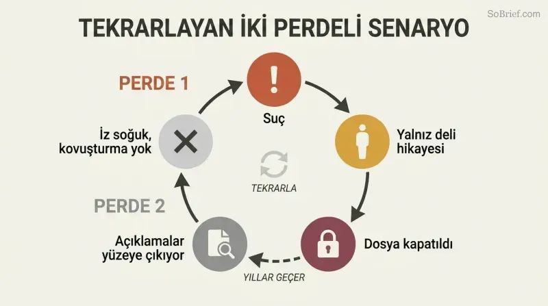 Circular diagram showing a repeating cycle where a crime is immediately closed with a lone-nut narrative, revelations surface years later onto a cold trail, and the script resets.