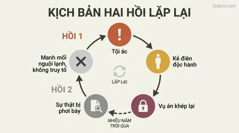 Circular diagram showing a repeating cycle where a crime is immediately closed with a lone-nut narrative, revelations surface years later onto a cold trail, and the script resets.