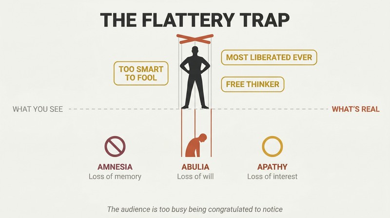 Iceberg diagram showing a confident figure above a dividing line surrounded by praise, while below the line the same figure is revealed as a puppet with strings, labeled with amnesia, abulia, and apathy.