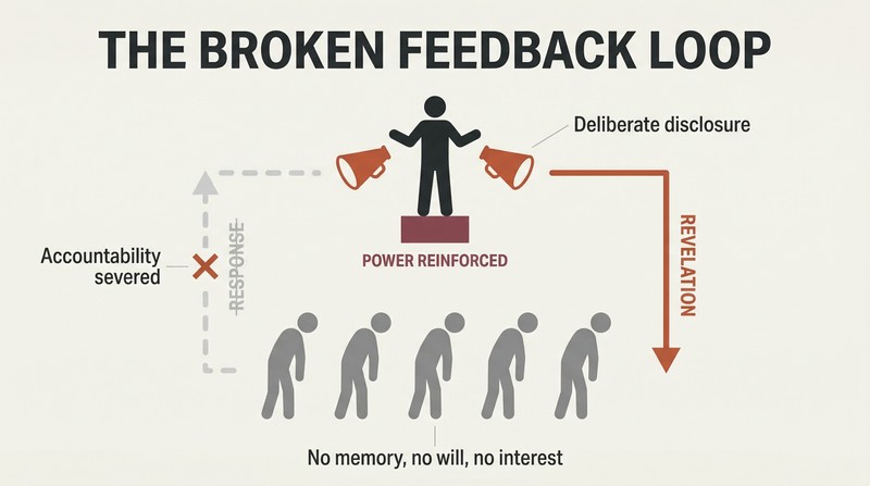 Circular diagram showing power broadcasting secrets downward to a passive crowd, with the upward return arrow for public response visibly broken and severed.