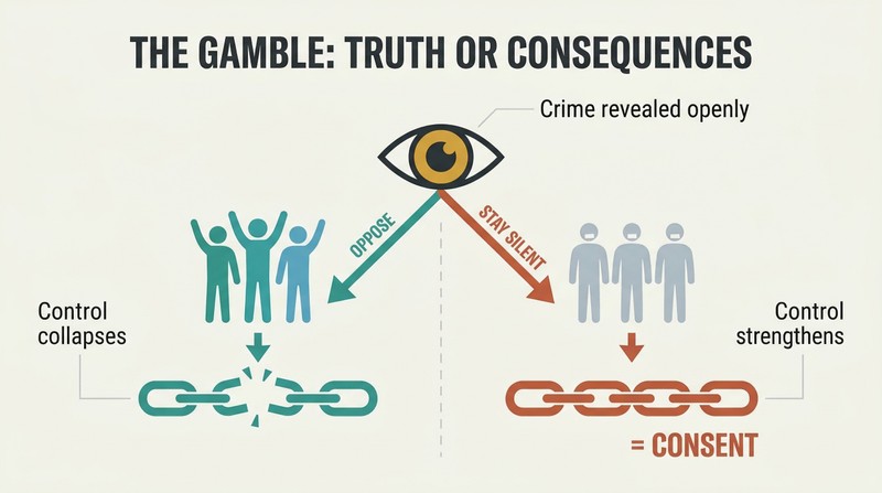 Fork diagram showing a revealed crime splitting into two paths — public opposition collapses control, while public silence strengthens it.
