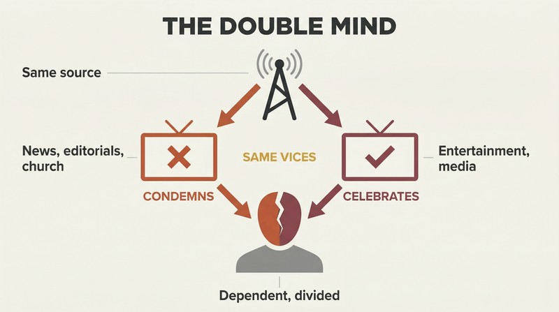 Diamond-shaped diagram showing a single source splitting into two opposed media channels that converge on one figure whose head is divided in half.