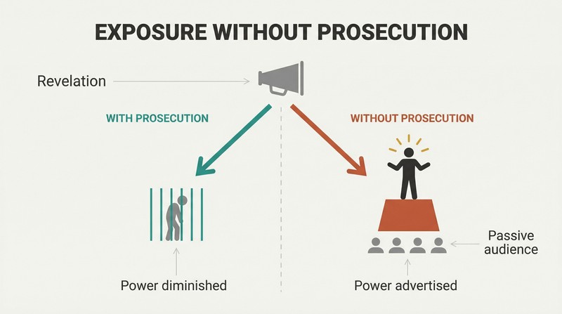 Fork diagram showing exposure diverging into two paths: with prosecution the criminal shrinks, without prosecution the criminal is elevated on a stage before an audience.